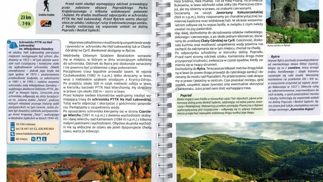 Główny szlak beskidzki etapy: od Jaworzyny Krynickiej do Rytra. Widok na dolinę Popradu i ruiny zamku w Rytrze.