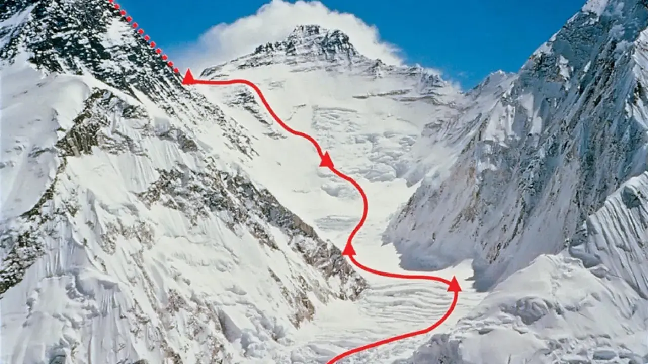 Trasa na szczyt Mount Everest. Czerwona linia wyznacza drogę przez lodowiec i śnieżne zbocza.