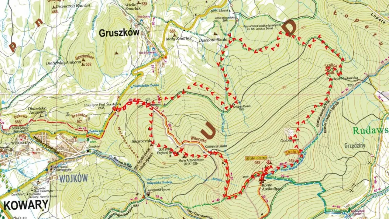 Mapka turystyczna z zaznaczonymi **rudawy janowickie szlaki**. Widoczne szczyty, doliny, strumienie i miejscowości.