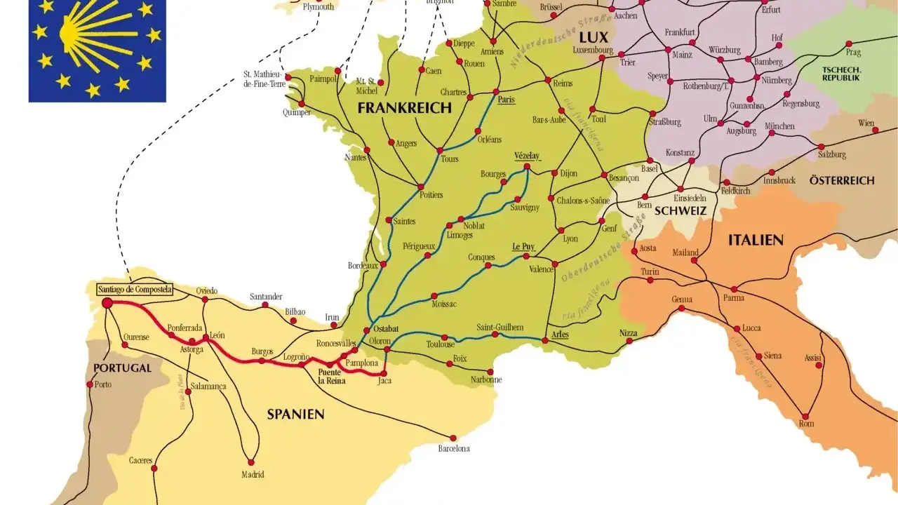 Mapa szlaków pielgrzymkowych do Santiago de Compostela. Wiele tras prowadzi przez Francję, Hiszpanię i Portugalię, zachęcając do **chodzenia po górach**.