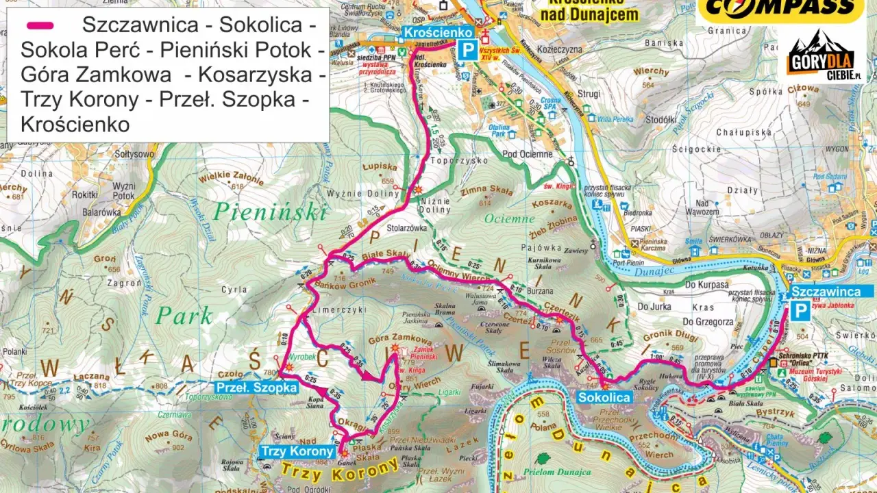 Mapa turystyczna Pienin z zaznaczonymi szlakami, w tym trasą na Trzy Korony.