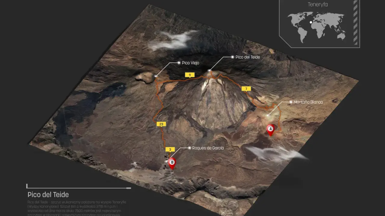 Trasa na Pico del Teide, najwyższy szczyt Teneryfy. Widok satelitarny z zaznaczonymi punktami i szlakiem.