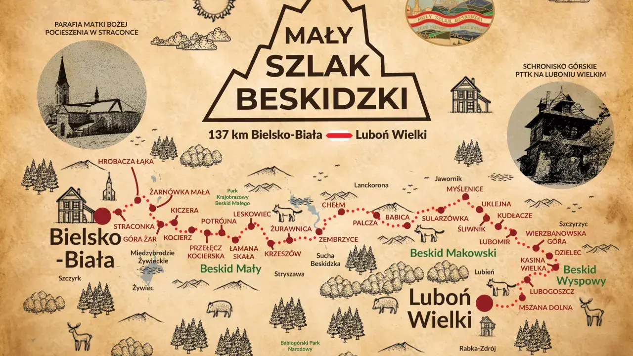 Mapa Mały Szlak Beskidzki: 137 km trasy od Bielska-Białej do Lubonia Wielkiego, z zaznaczonymi etapami i atrakcjami.