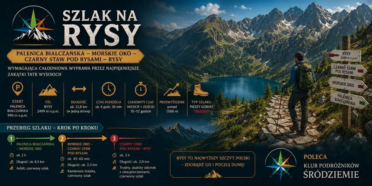 Wędrowiec na szlaku na Rysy, z widokiem na Morskie Oko i majestatyczne Tatry. Trasa prowadzi przez malownicze krajobrazy.