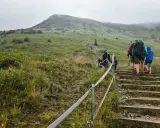 Grupa turystów wspina się po kamiennych schodach na zielone wzgórze. W oddali widać kolejne osoby. Zastanawiamy się, tarnica ile się idzie, by dotrzeć na szczyt.