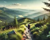 Młody turysta wędruje kamienistym szlakiem przez zielone wzgórza. Piękne trasy trekkingowe Polska czekają na odkrycie.