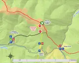 Mapa szlaków Bieszczadów. Najłatwiejszy szlak na Połoninę Wetlińską prowadzi przez Przełęcz Wyżną. Zaznaczono camping, schronisko i zamknięty odcinek szlaku.