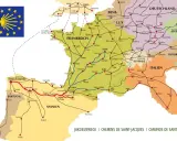 Mapa szlaków pielgrzymkowych do Santiago de Compostela. Wiele tras prowadzi przez Francję, Hiszpanię i Portugalię, zachęcając do **chodzenia po górach**.
