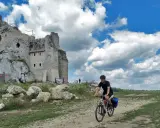Rowerzysta na szlaku jura krakowsko częstochowska trasa, obok ruin zamku na skale.