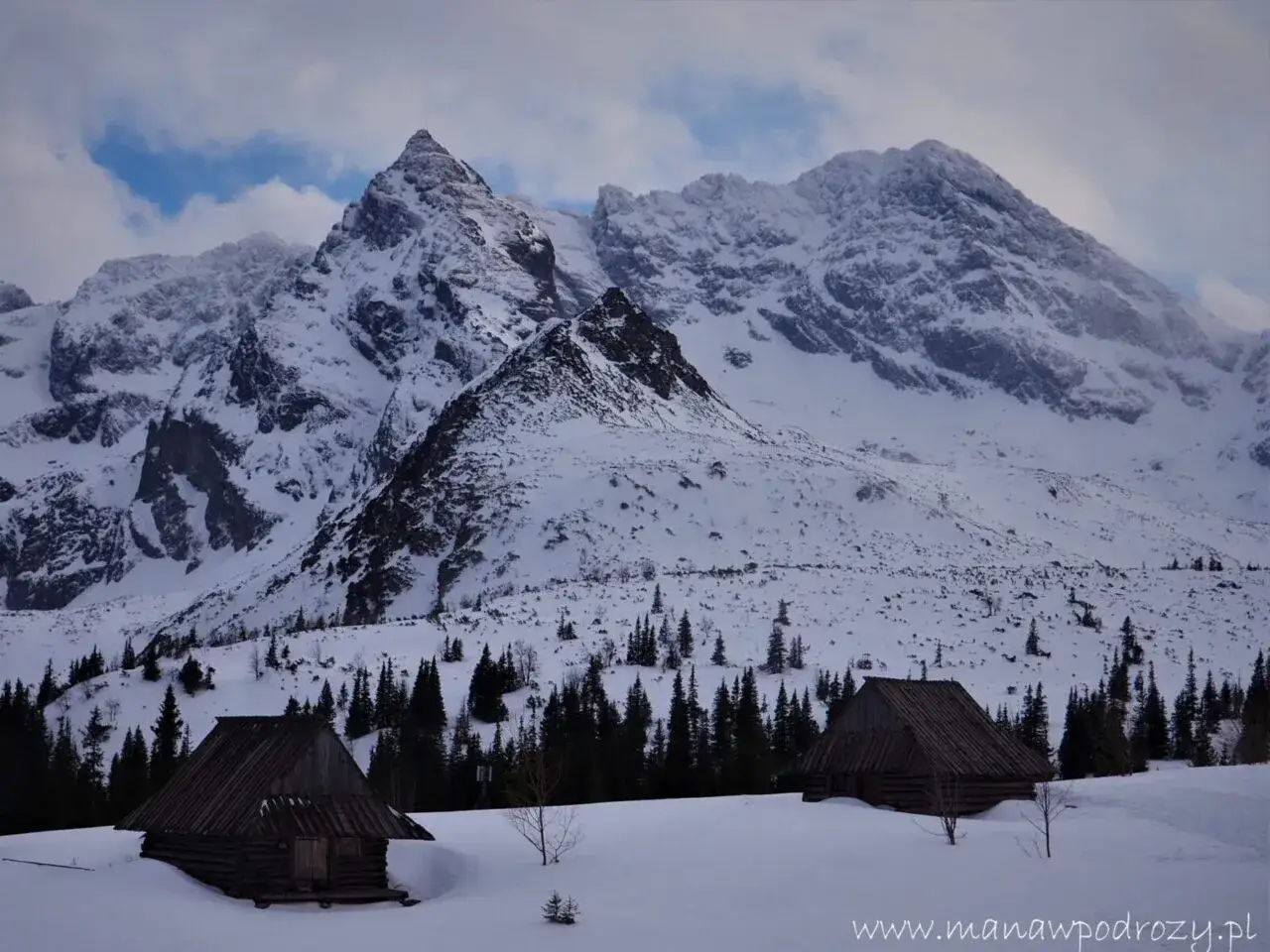 Zimowe Tatry dla początkujących: urokliwe chatki w śnieżnej dolinie, majestatyczne, ośnieżone szczyty w tle. Idealne miejsce na pierwszy zimowy wypad.