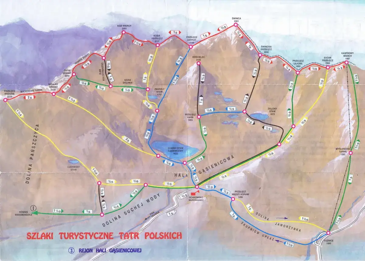 Mapa turystyczna Tatr Polskich z zaznaczonymi szlakami w rejonie Hali Gąsienicowej.