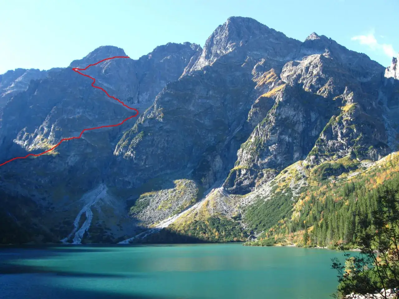 Szlak turystyczny wije się po zboczu gór, prowadząc ku przełęczy pod Chłopkiem. Jezioro Morskie Oko lśni turkusową wodą u stóp majestatycznych szczytów.