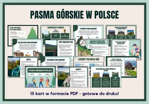 Podział gór w Polsce: Karpaty, Sudety, Góry Świętokrzyskie, Tatrzański Park Narodowy, Bieszczadzki Park Narodowy, Pieniński Park Narodowy.